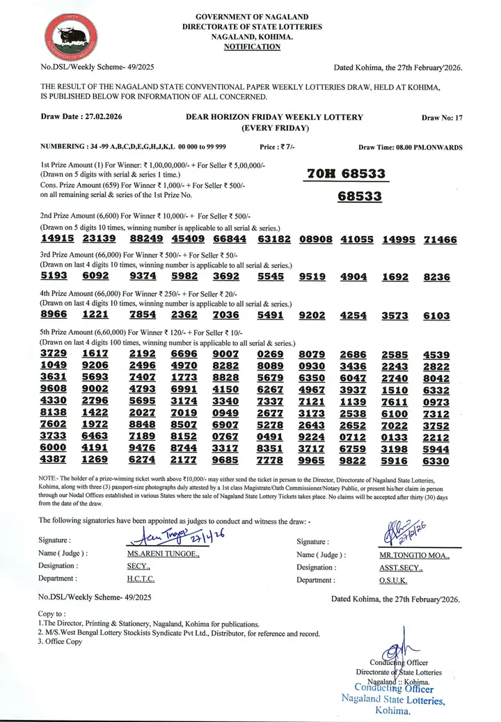 Dear Lottery result 8PM 27.02.2026