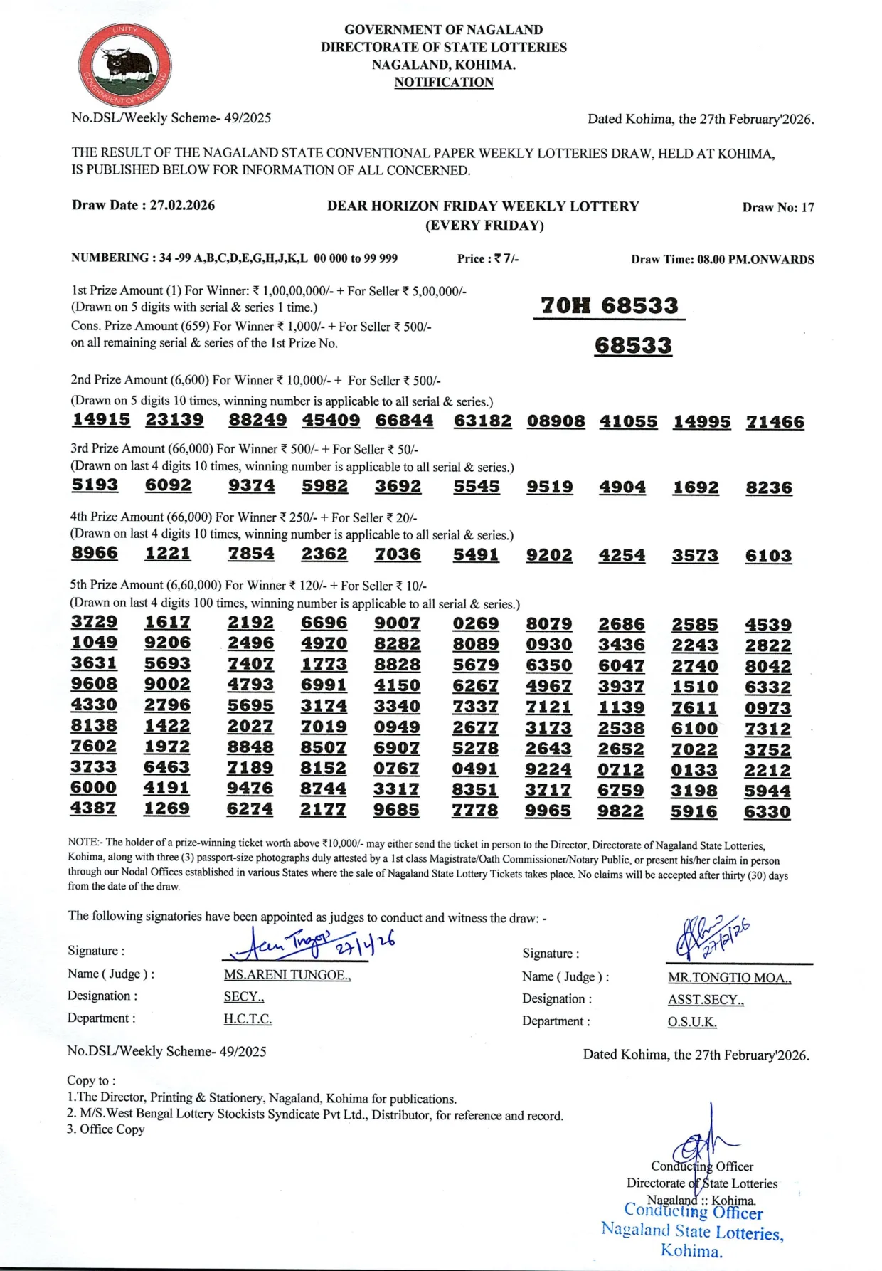 Dear Lottery result 8PM 27.02.2026