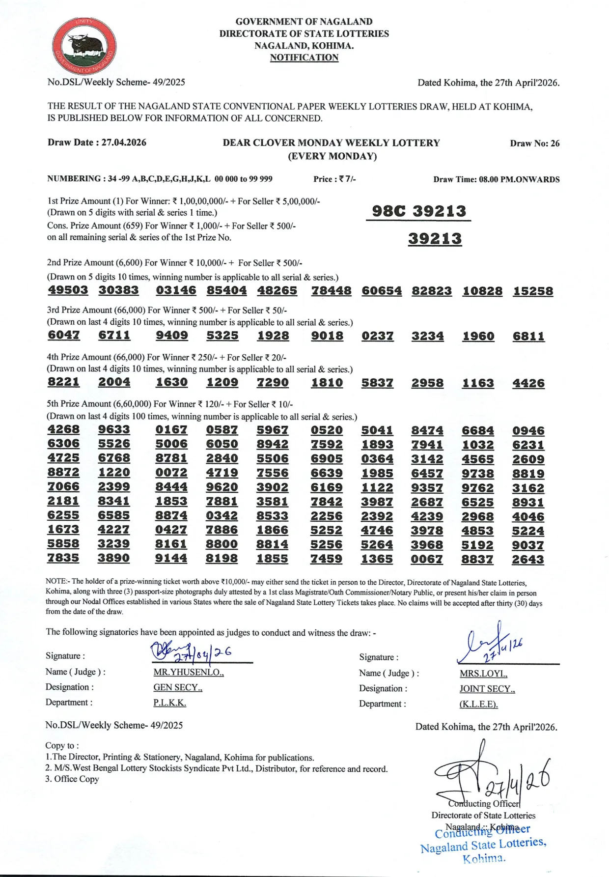 Dear Lottery result 8PM 27.04.2026