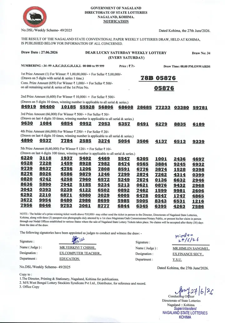 Dear Lottery result 8PM 27.06.2026