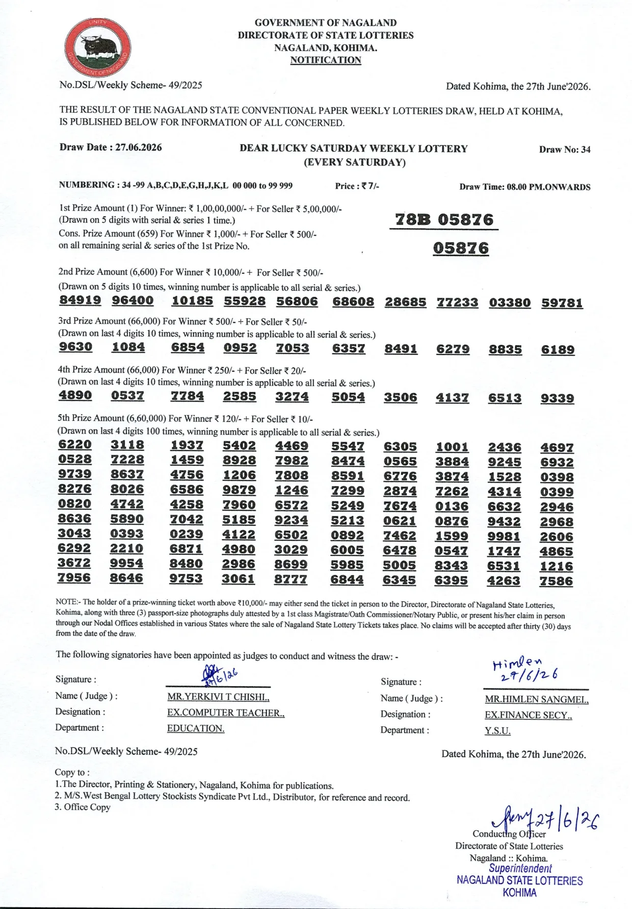 Dear Lottery result 8PM 27.06.2026