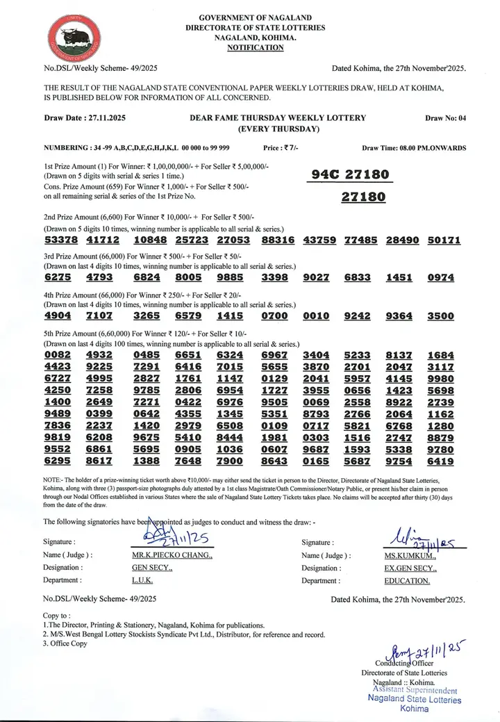 Dear Lottery result 8PM 27.11.2025