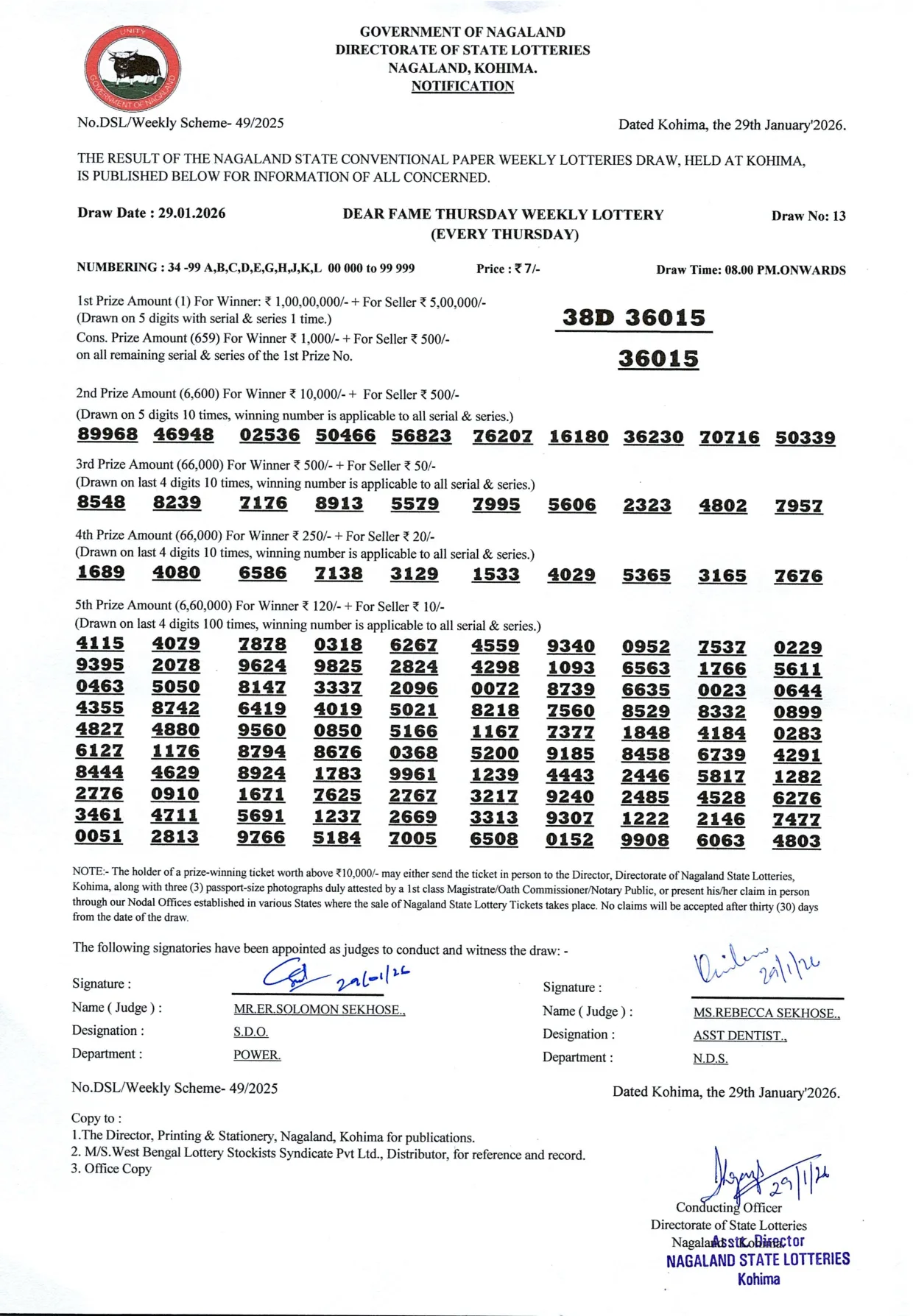 Dear Lottery result 8PM 29.01.2026