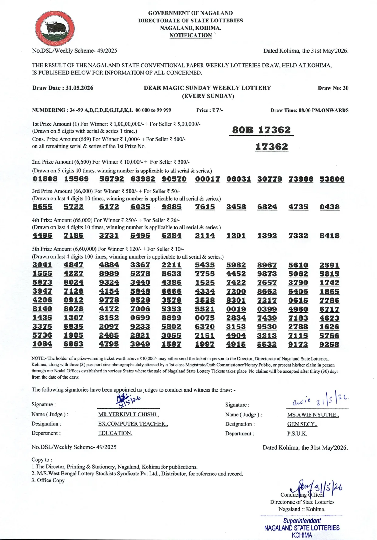 Dear Lottery result 8PM 31.05.2026