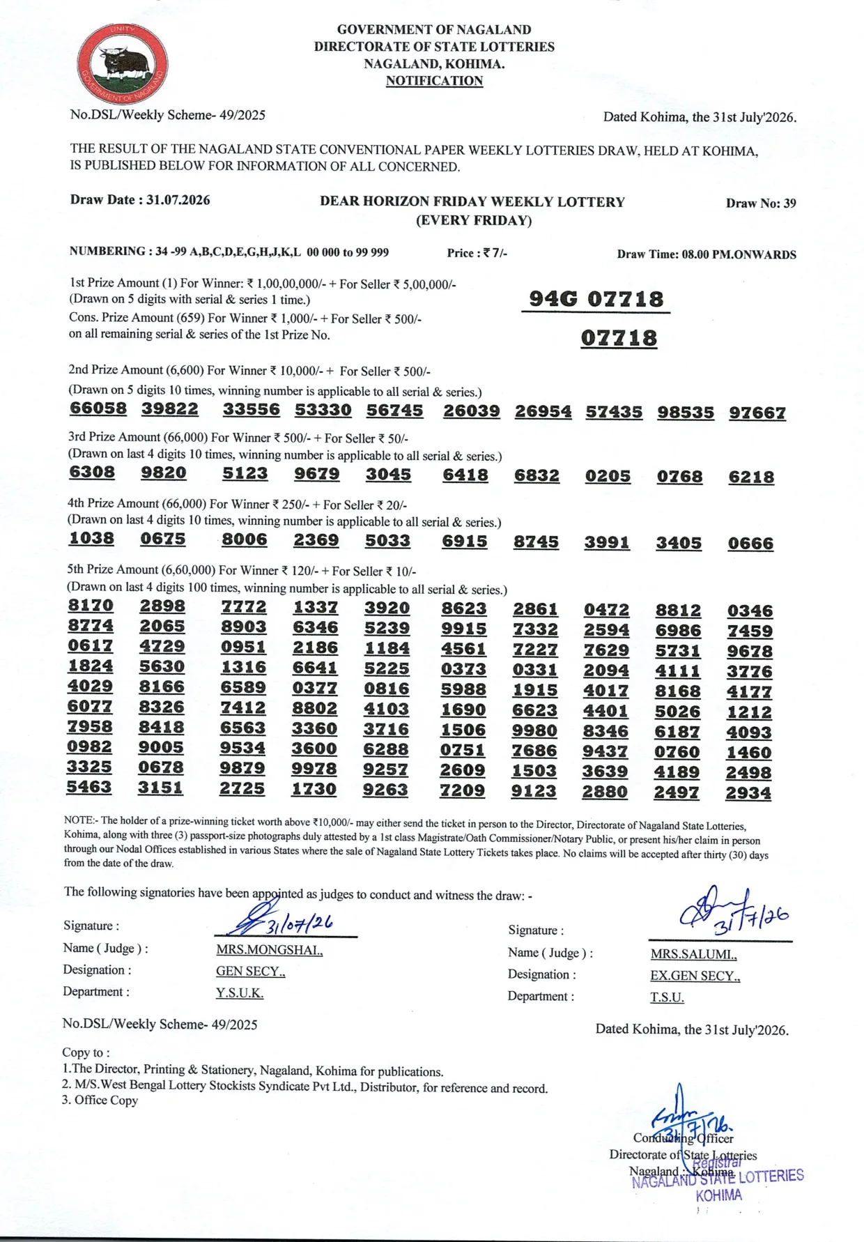 Dear Lottery result 8PM 31.07.2026